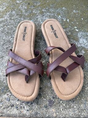 Minnetonka Brown Leather Crisscross Slide Sandals for Women